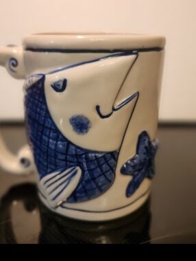Blue Sky Ceramic Magic Sea Blue and White Ceramic Fish Mug